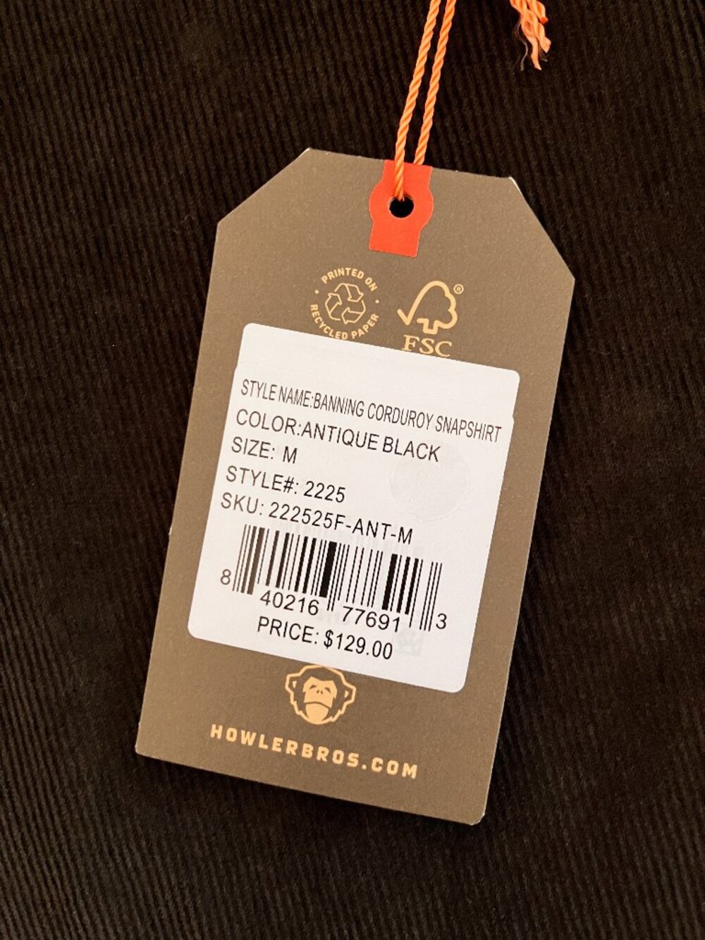 Howler Bros Brothers Banning Corduroy Snapshirt Mens M NWT MSRP129 Antique Black - Picture 4 of 12